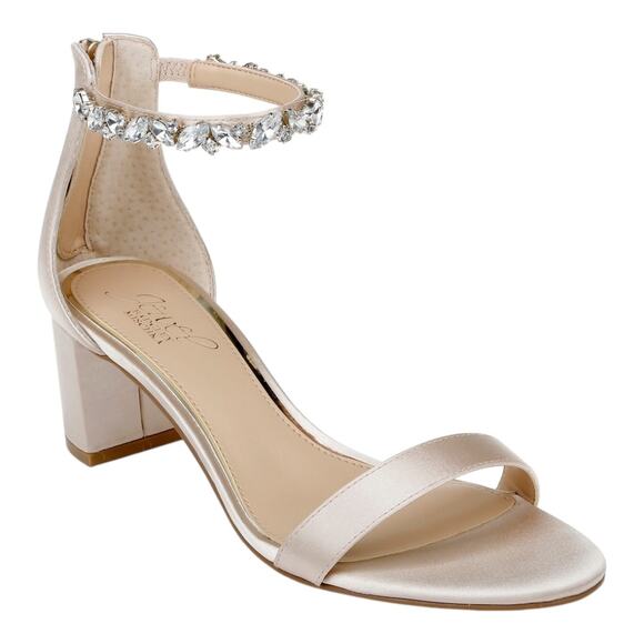 Jewel Badgley Mischka NWOB Lydia Rhinestone Ankle Strap Sandal Sz 8.5 Champagne - Picture 1 of 11